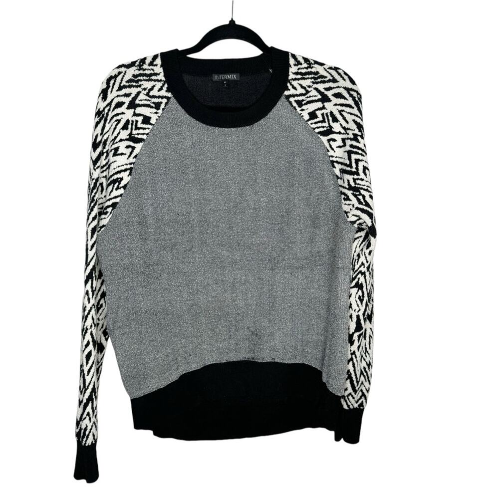 INTERMIX / black white gray mixed media raglan sleeve geometric sweater / M
